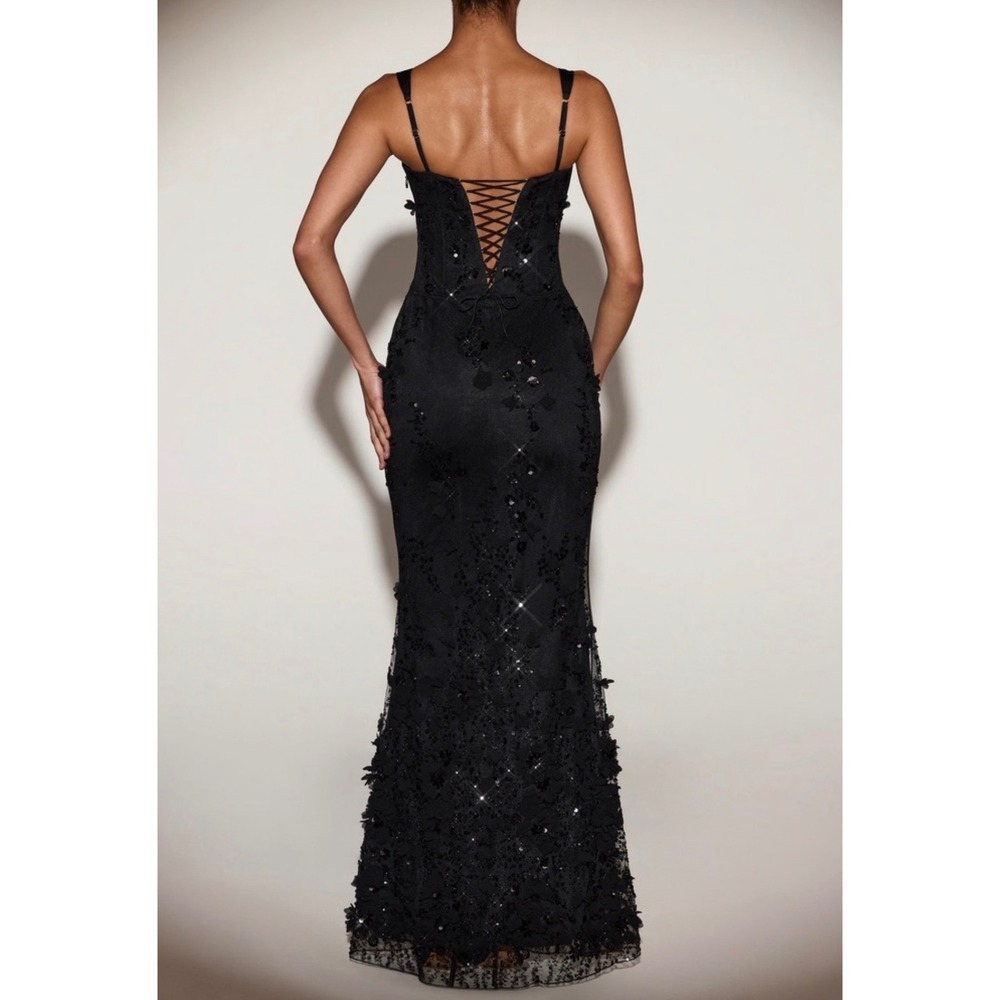 Oh Polly Black Sequin Floral Lace Corset Maxi Dress Lace Up Back Prom Gown US 4 - Picture 2 of 10
